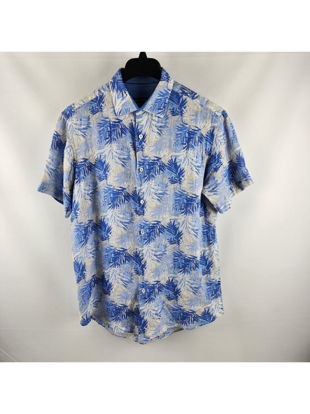 Bugatchi Dress Shirt Men Blue White 100% Linen Tropical Shaped Fit S/S Button Up